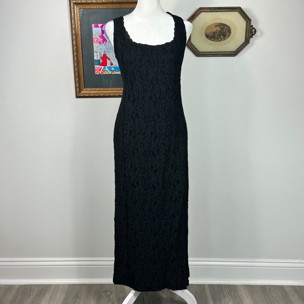 Vintage Expo Nite Black Lace Midi Dress with Leg Slit - SIZE 14 90s Whimsigoth